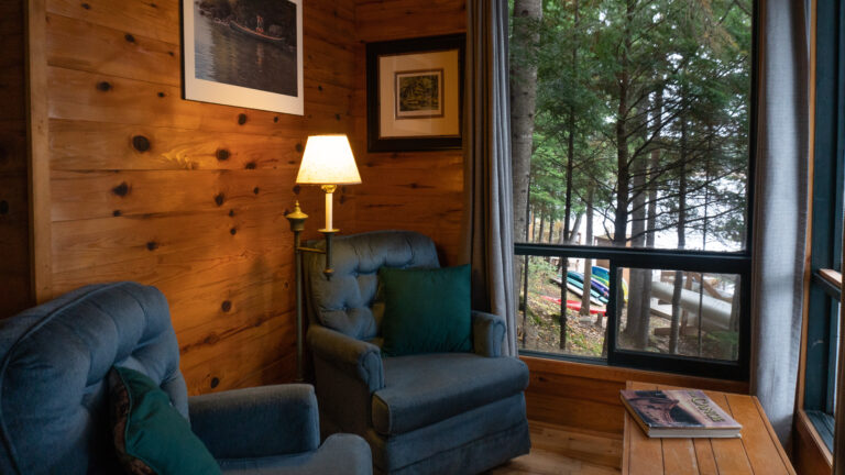 two teal easy chairs with dark green decorative pillows in a log cabin facing large widows with a view of the lake, kayaks and pine trees