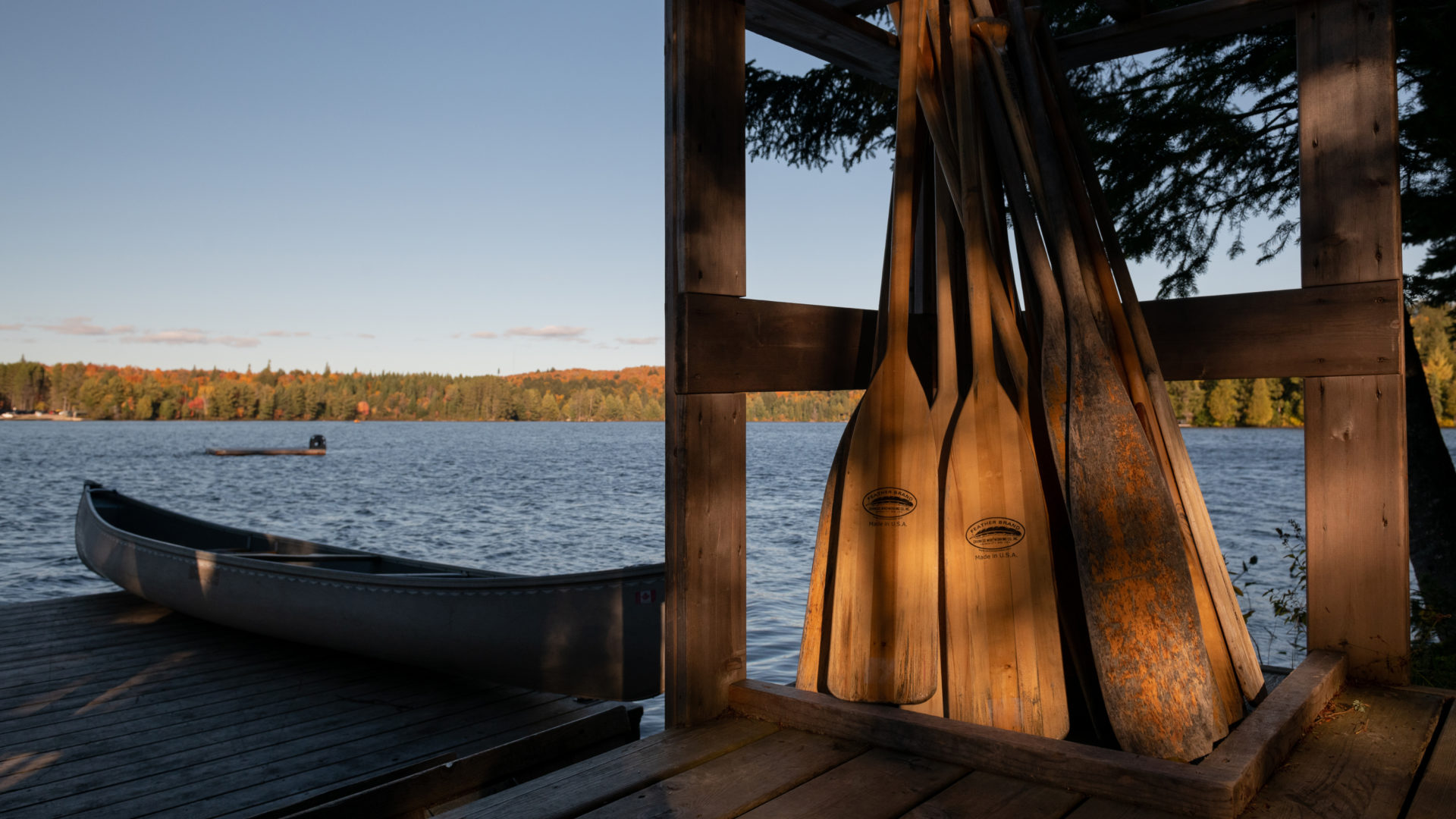 group of canoe paddles leaning on a wooden fence next to a lake with canoe in the late afternoon